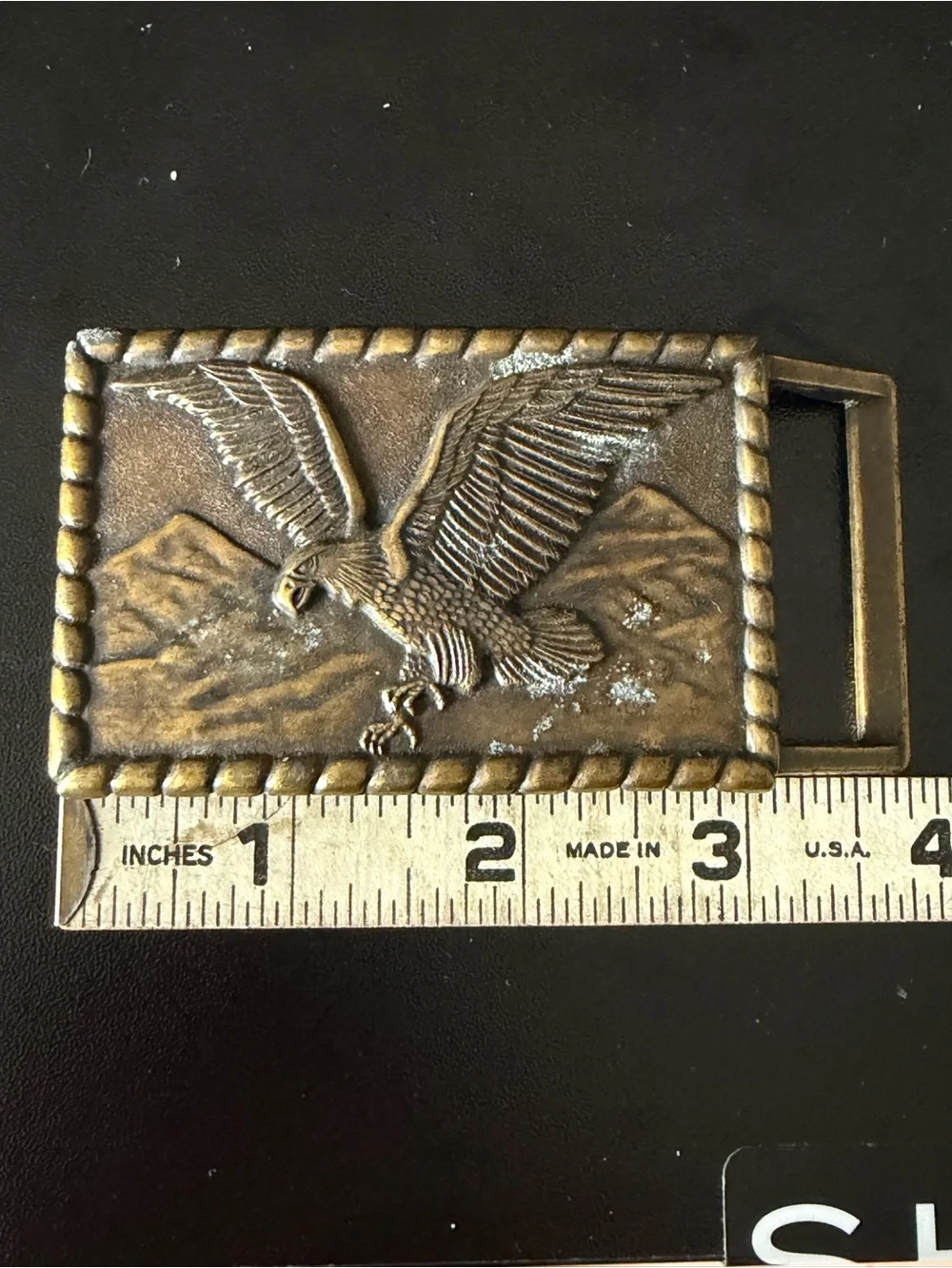 Vintage Bald Eagle Belt Buckle Mountain Scene Western Americana Antique Gold